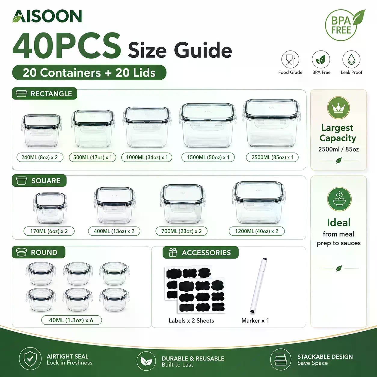 40 PCS Extra Large 85oz Silico - Meal Prep Day recension och pris
